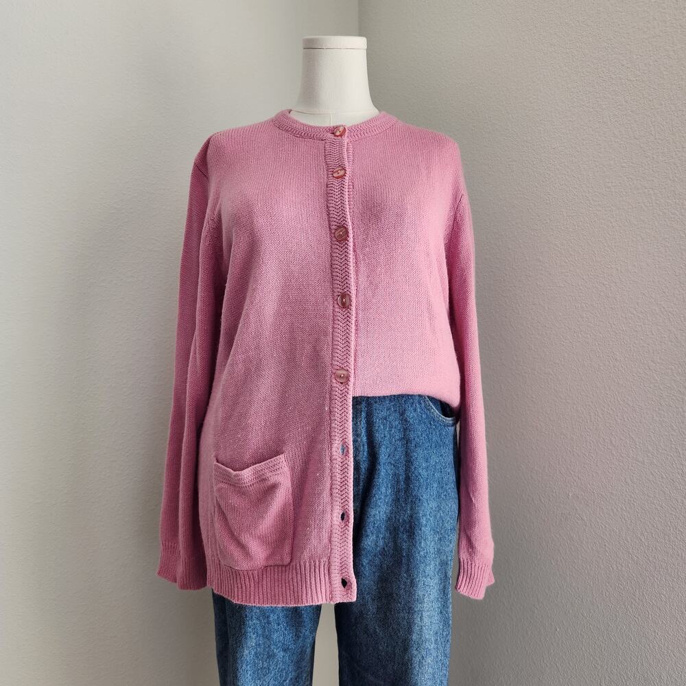 Vintage 80s Pink Grandmacore Button Knit Cardigan Sweater Long Sleeve Feminine L
